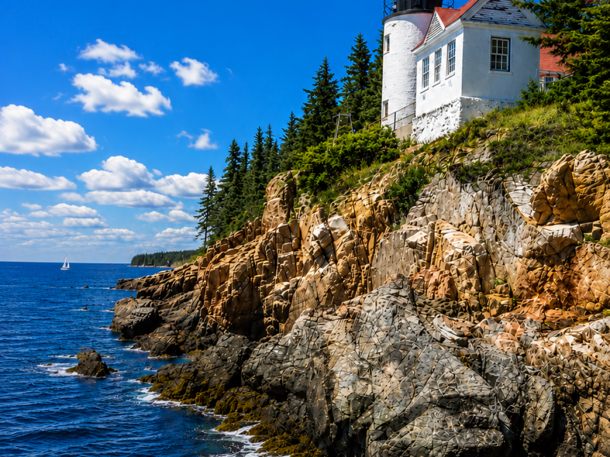 White lighthouse on rocky cliff by the ocean under a blue sky.