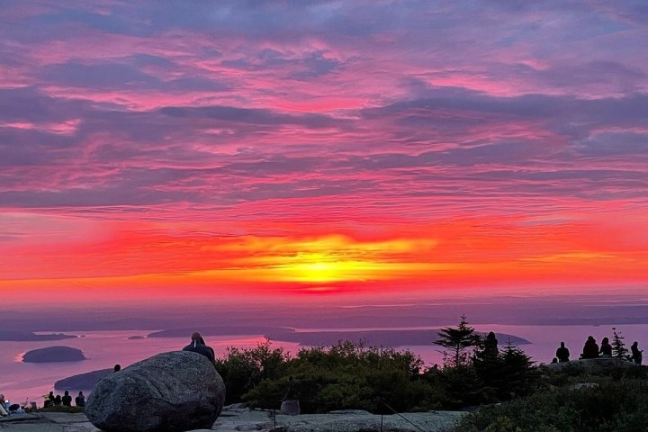 Vibrant sunset over ocean and rocky landscape with silhouetted trees.